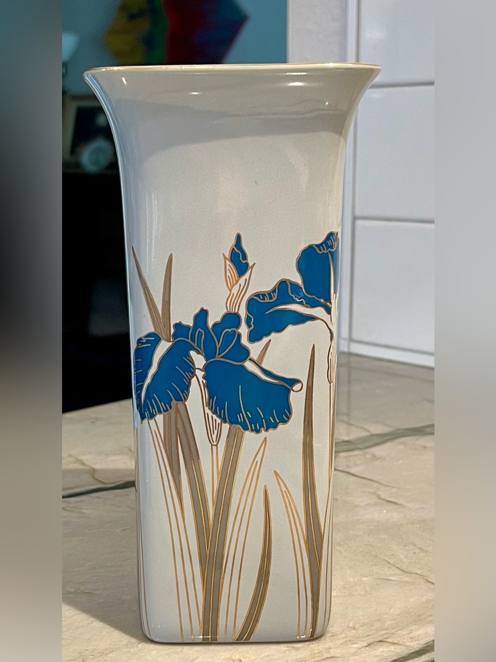Vintage Otagiri Japan Royal Iris Square Flared Porcelain Vase Blue Gold Trim